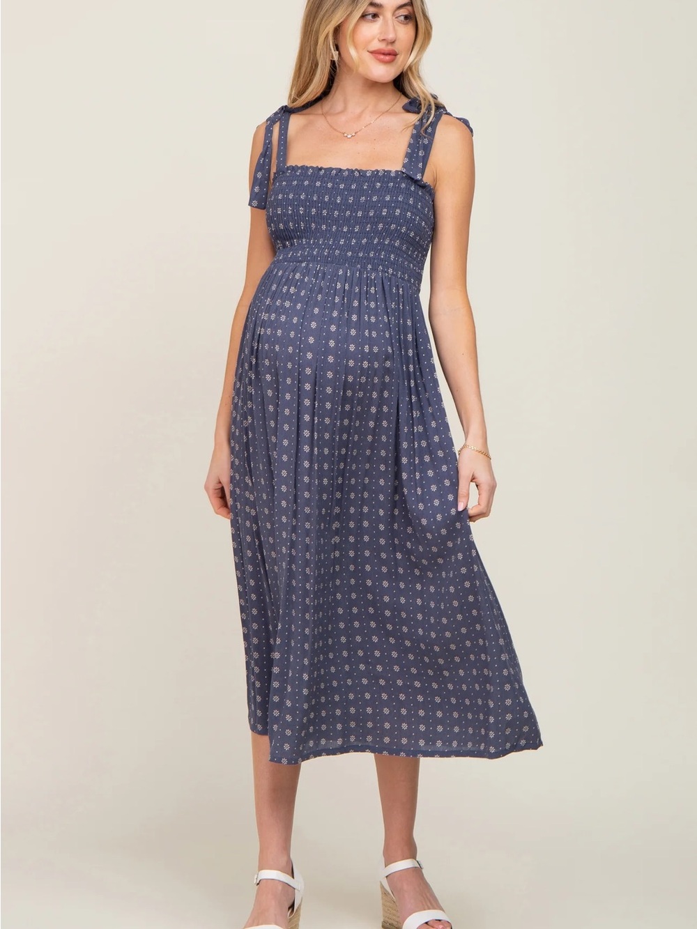 Navy blue Floral Sleeveless Maternity Midi Dress